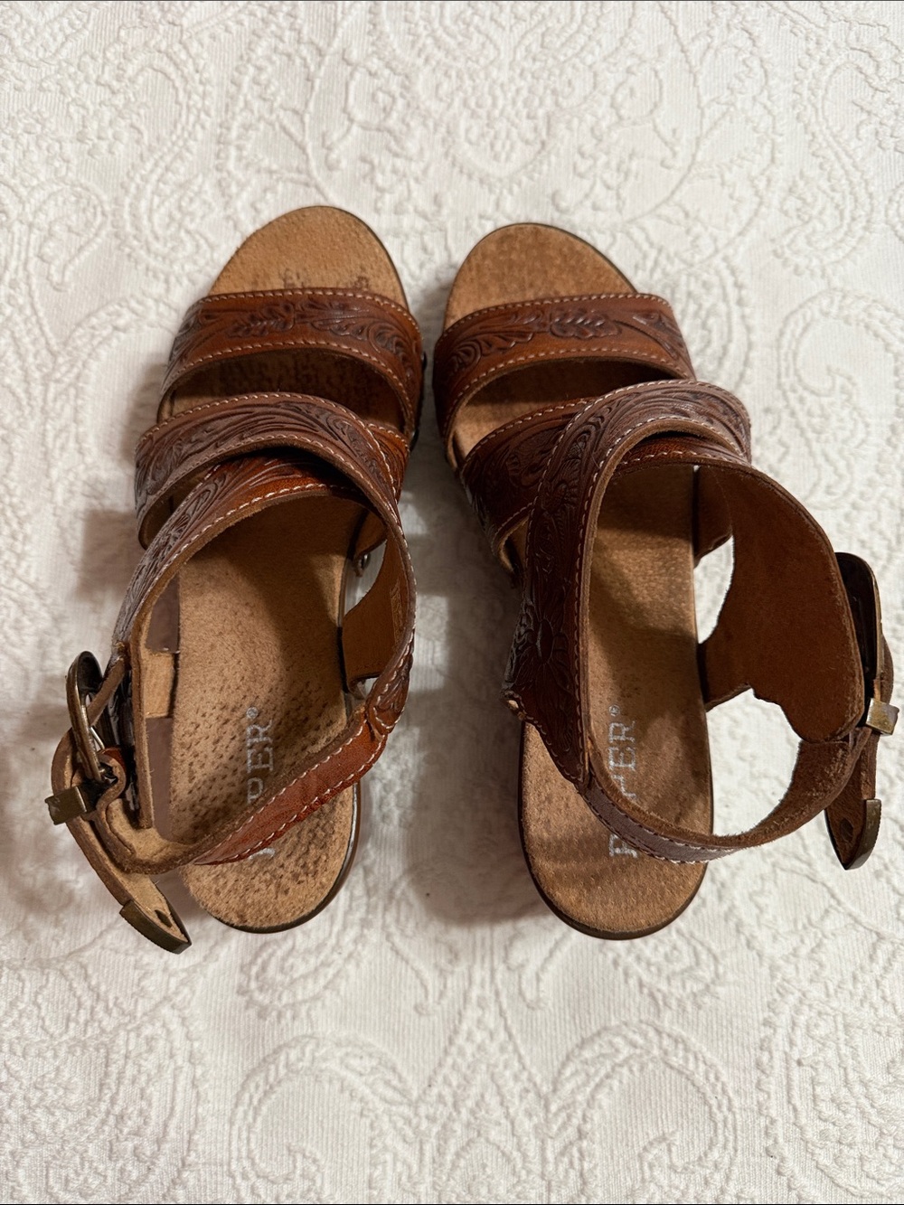 Roper Sandals Size 9 Brown Western Tooled Leather Platform - Picture 7 of 11